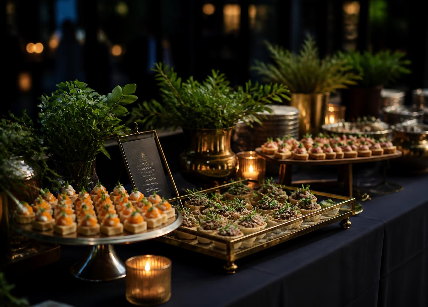 Catering-Buffet mit goldenen Details bei Abendlicht